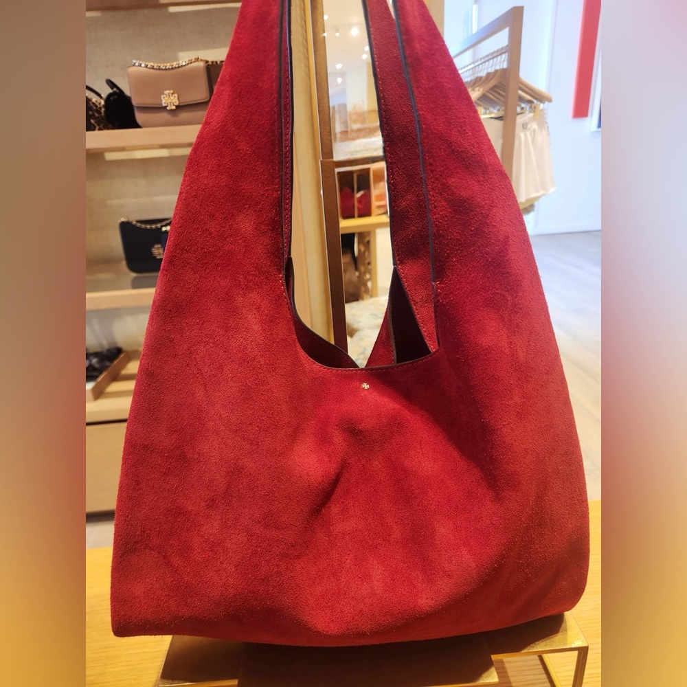 Authentic Tory Burch Slouch Suede Shoulder Bag Red